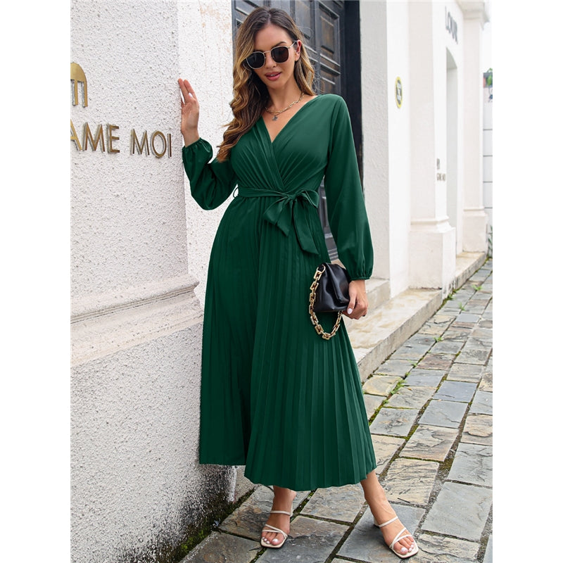 Long Sleeve V Neck Solid Color Maxi Dress