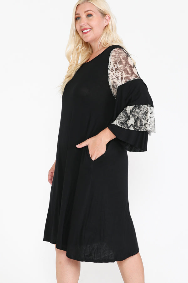 Round Neck Mixed Ruffle Sleeve Round Hem Midi Dress ( 3X-4X-5X-6X )