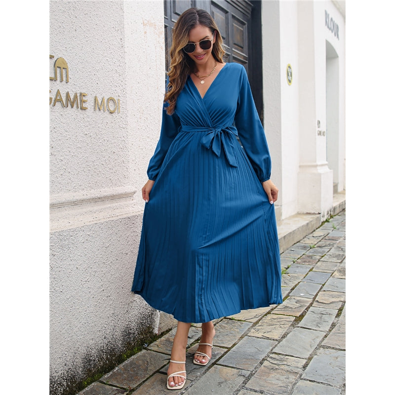 Long Sleeve V Neck Solid Color Maxi Dress