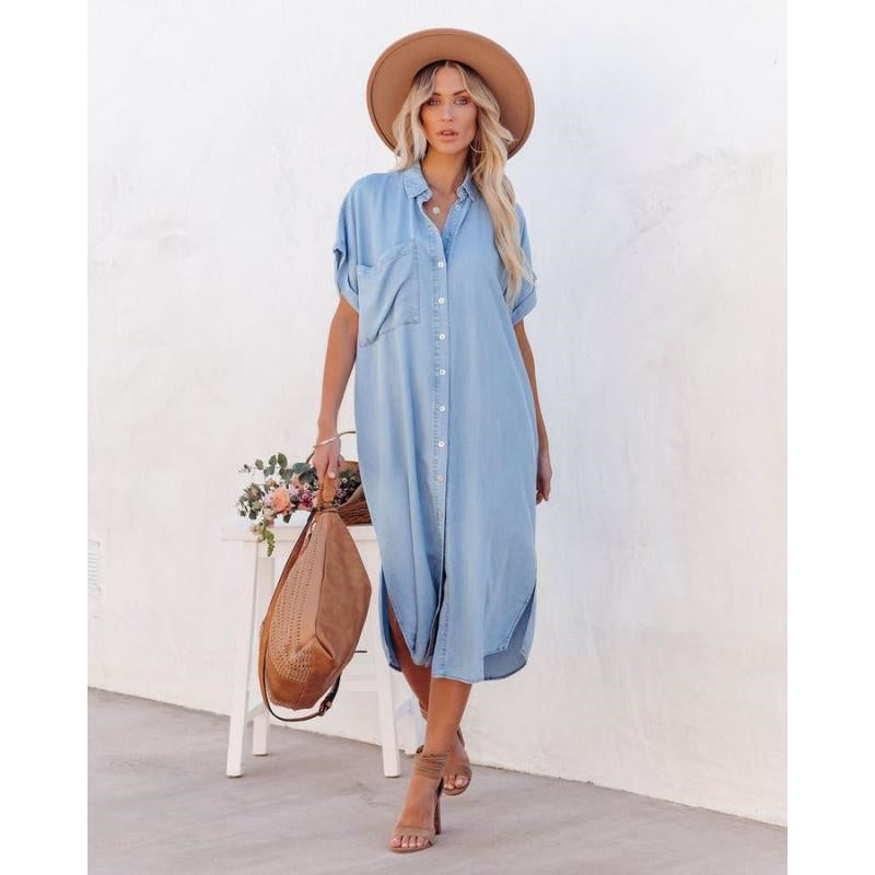 Short Sleeve Loose Panel Slit Shirt Dress