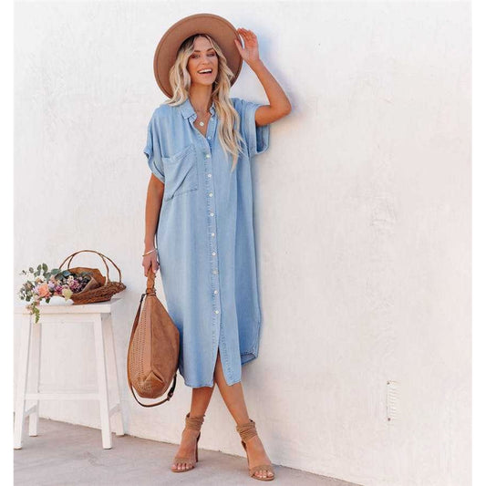 Short Sleeve Loose Panel Slit Shirt Dress