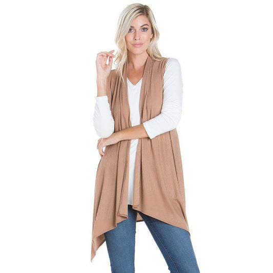 AJK-2071PR-Soft Brushed Ribbed Sleeveless Duster Cardigan