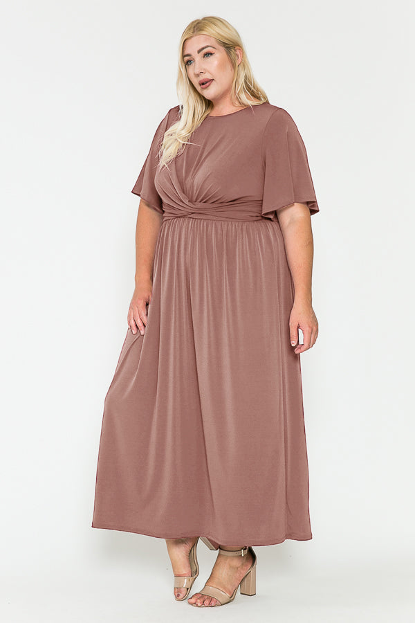 Plus Size Solid Front Knot Waist Ruched Maxi Dress