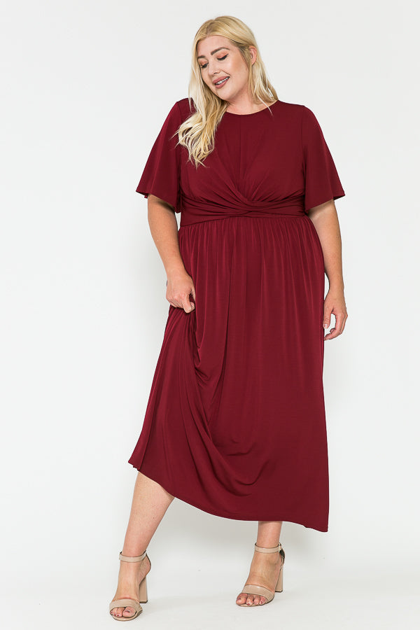 Plus Size Solid Front Knot Waist Ruched Maxi Dress