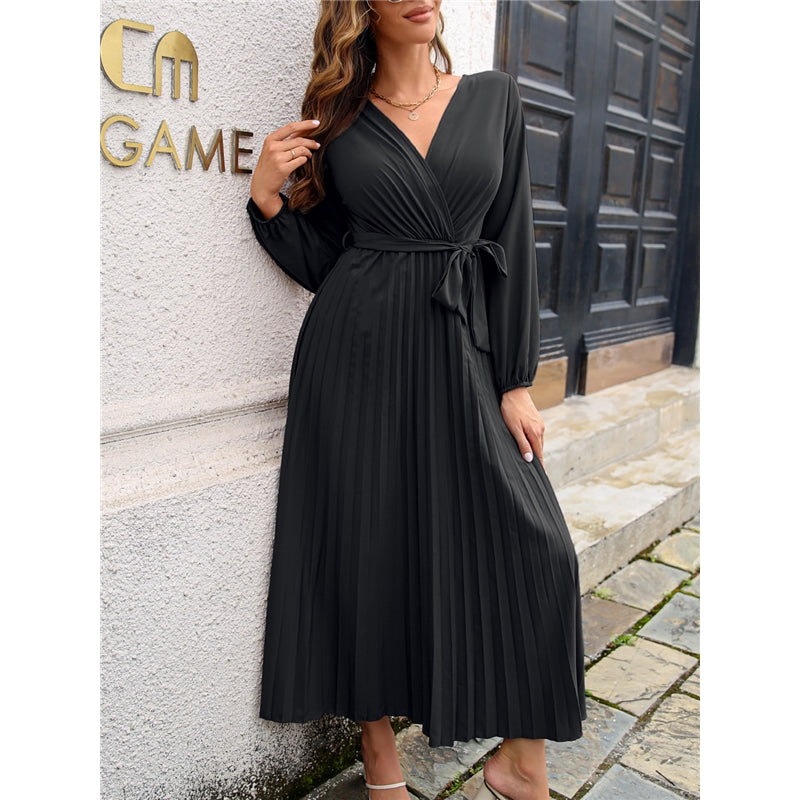 Long Sleeve V Neck Solid Color Maxi Dress