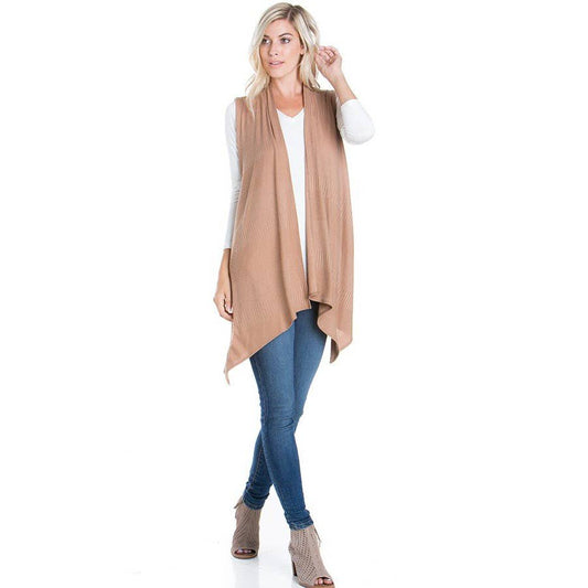 AJK-2071PR-Soft Brushed Ribbed Sleeveless Duster Cardigan