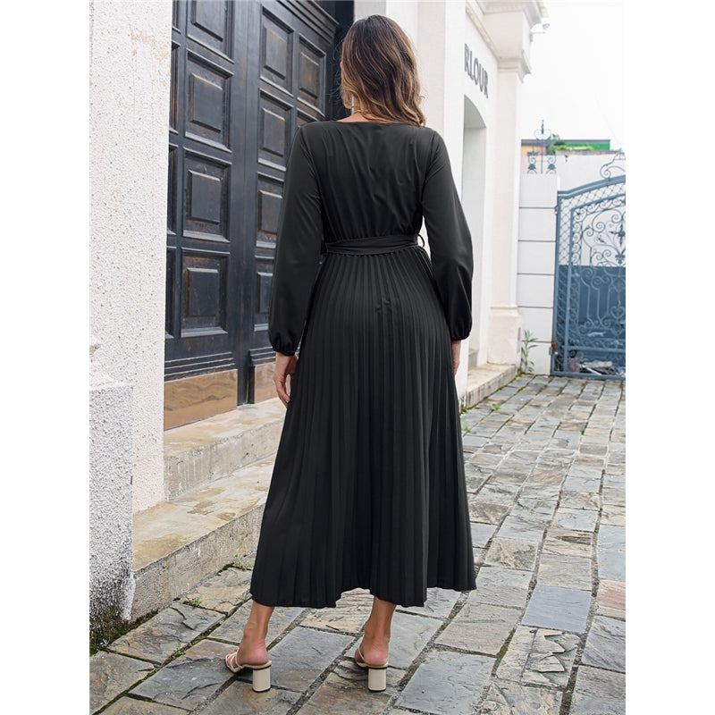 Long Sleeve V Neck Solid Color Maxi Dress