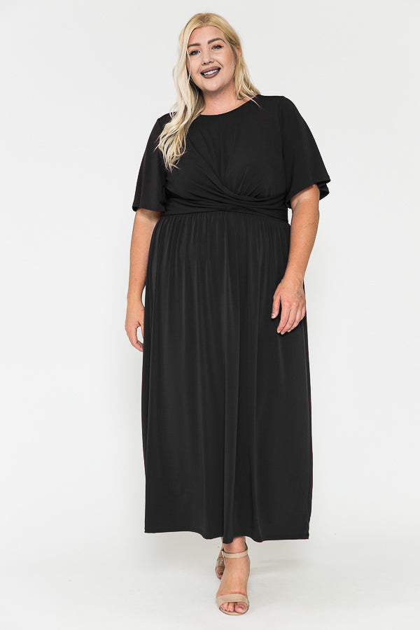 Plus Size Solid Front Knot Waist Ruched Maxi Dress