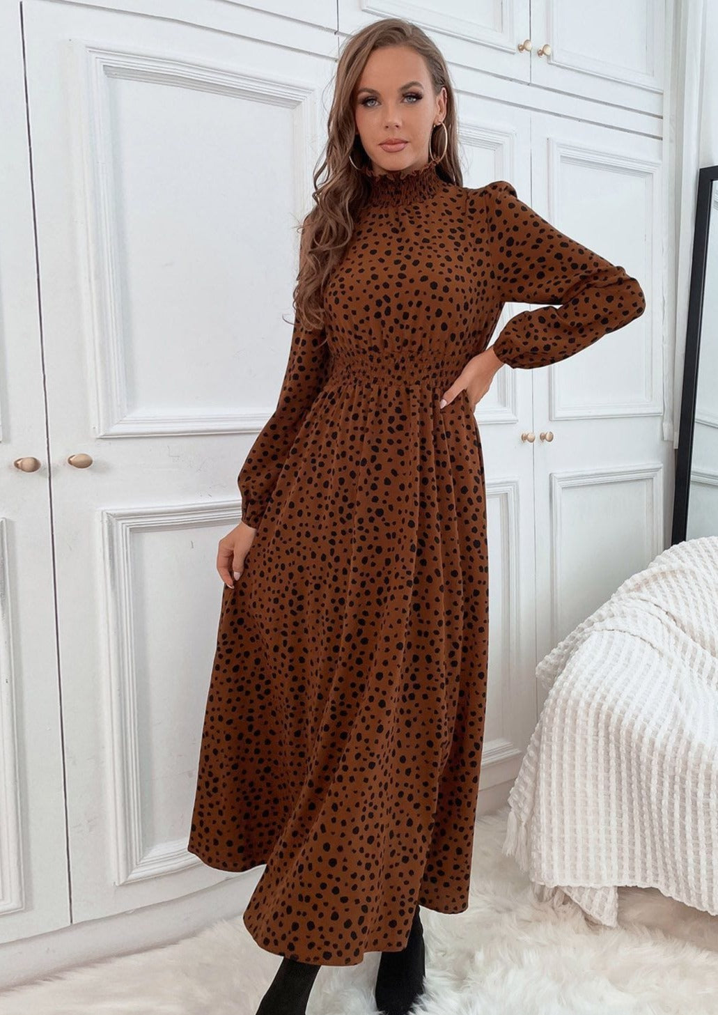 Cheetah Print Shirred Neck Dress