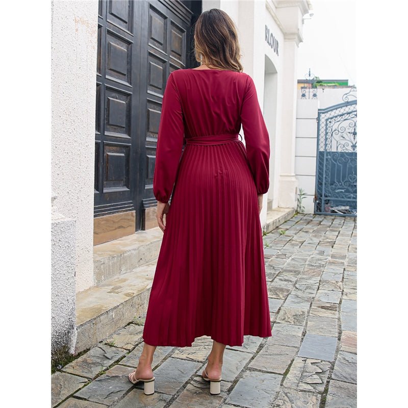 Long Sleeve V Neck Solid Color Maxi Dress