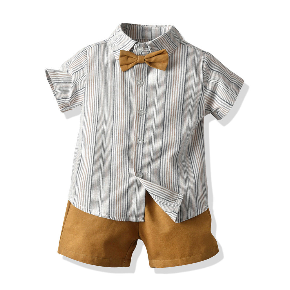 Handsome Boy Short Sleeve Striped Bib 2PC/Set Children's Wear