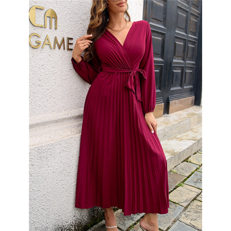 Long Sleeve V Neck Solid Color Maxi Dress