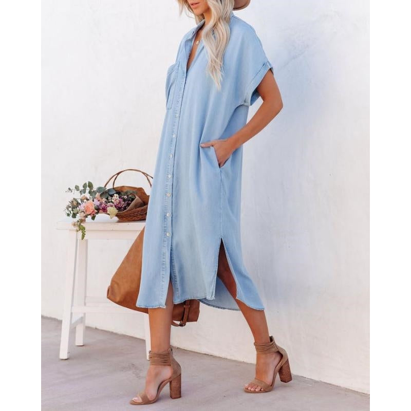 Short Sleeve Loose Panel Slit Shirt Dress