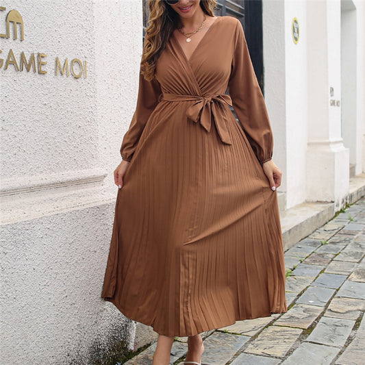 Long Sleeve V Neck Solid Color Maxi Dress