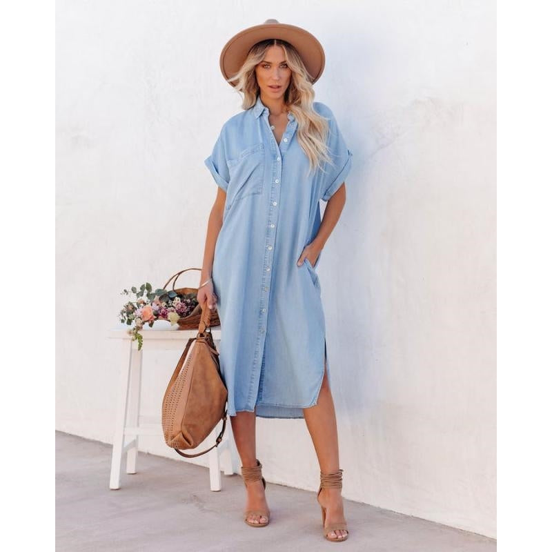 Short Sleeve Loose Panel Slit Shirt Dress