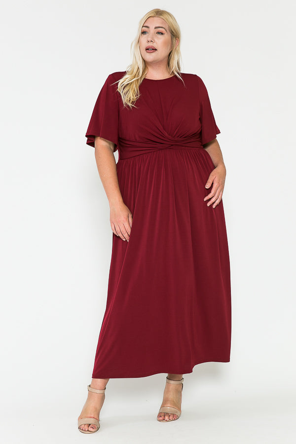 Plus Size Solid Front Knot Waist Ruched Maxi Dress