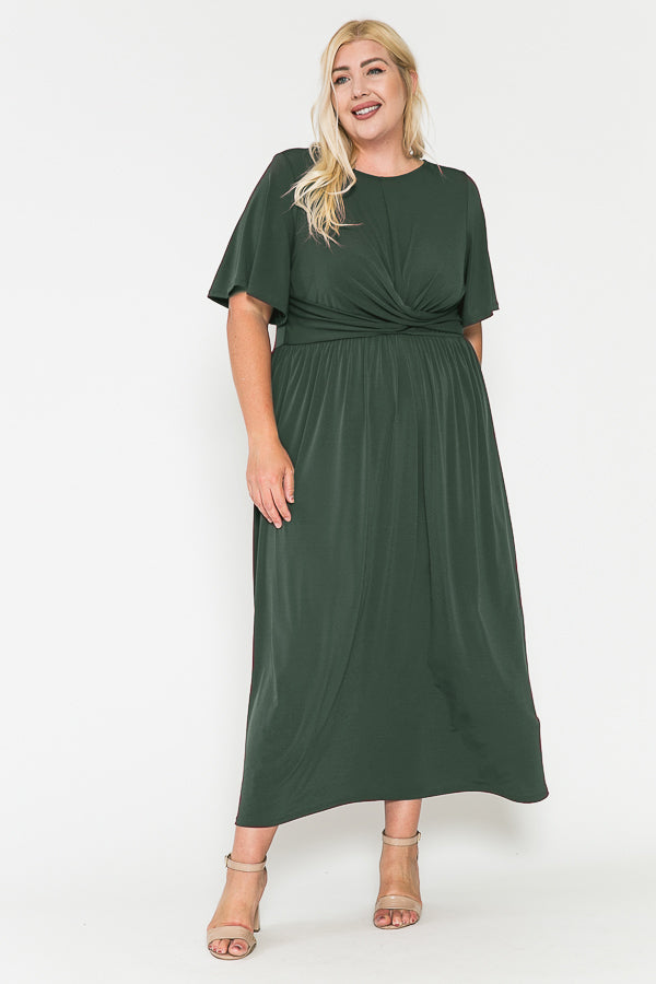 Plus Size Solid Front Knot Waist Ruched Maxi Dress