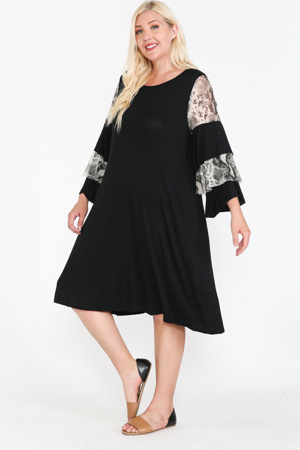 Round Neck Mixed Ruffle Sleeve Round Hem Midi Dress ( 3X-4X-5X-6X )