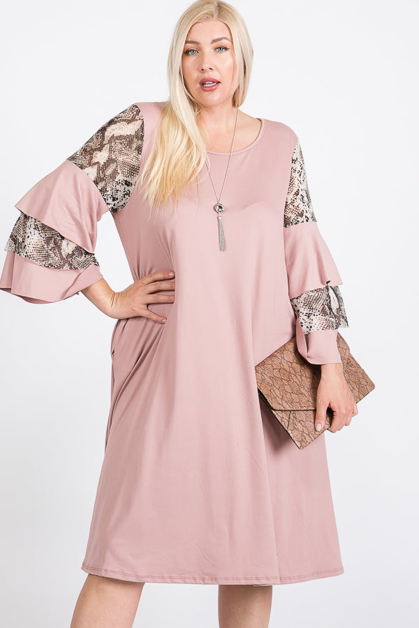 Round Neck Mixed Ruffle Sleeve Round Hem Midi Dress ( 3X-4X-5X-6X )