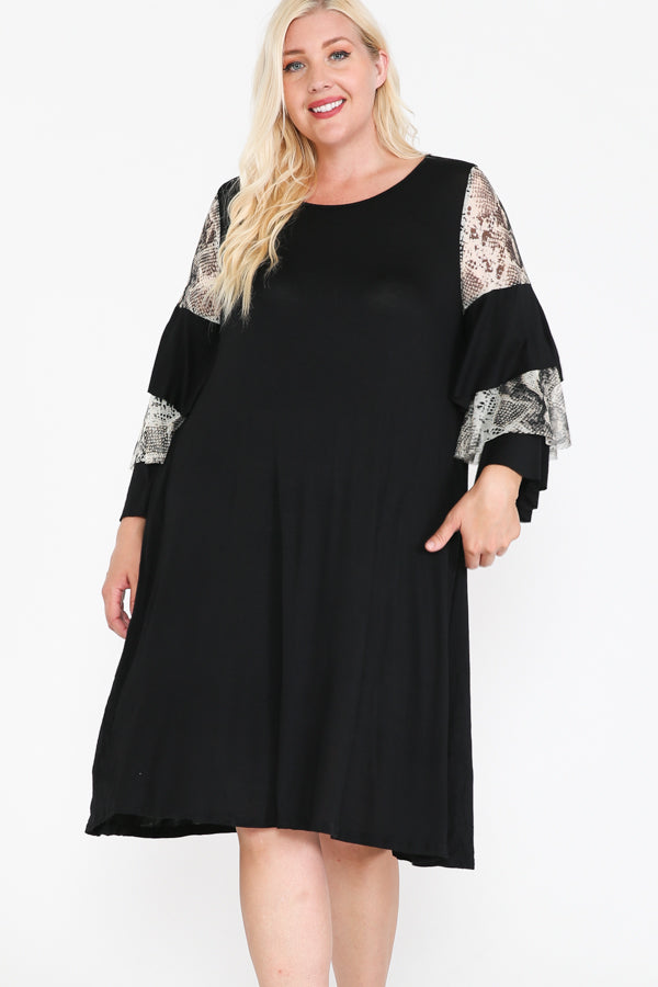 Round Neck Mixed Ruffle Sleeve Round Hem Midi Dress ( 3X-4X-5X-6X )