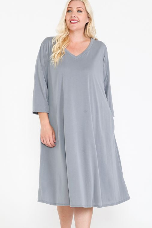 Plus Size V Neck Hidden Pocket Swing Midi Dress