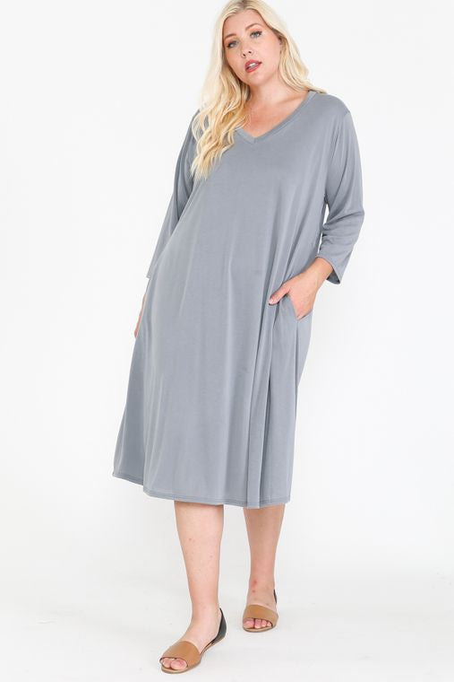 Plus Size V Neck Hidden Pocket Swing Midi Dress