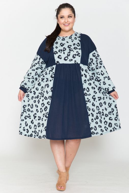 +Special Price+ Leopard Round Neck Long Sleeve Color Blocked Midi Dress