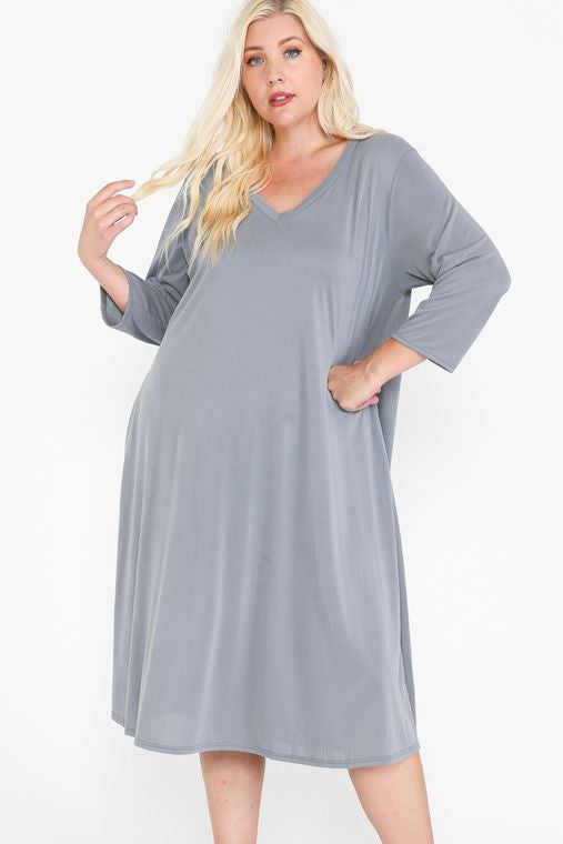 Plus Size V Neck Hidden Pocket Swing Midi Dress