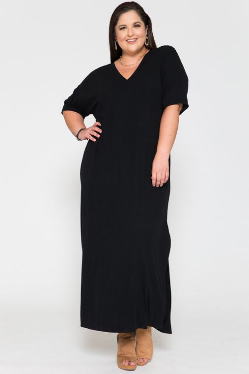 **CLEARANCE**Plus Size Black Solid V Neck Maxi Basic Dress