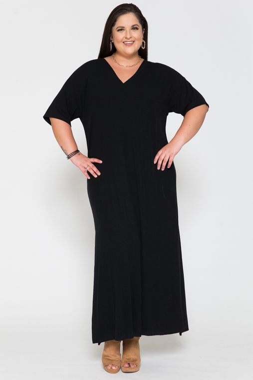 **CLEARANCE**Plus Size Black Solid V Neck Maxi Basic Dress