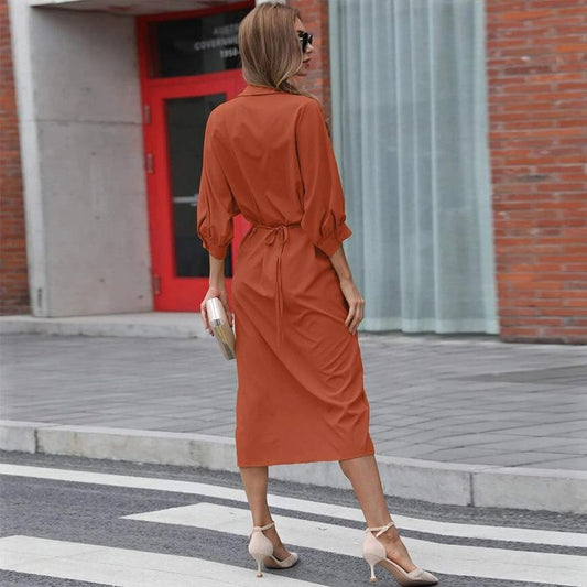 V-neck Solid Color Versatile One Row Button Seven Sleeve Dress