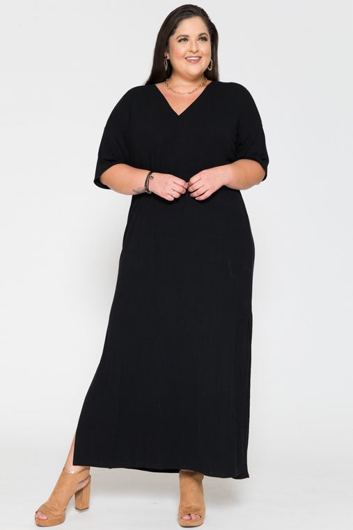 **CLEARANCE**Plus Size Black Solid V Neck Maxi Basic Dress