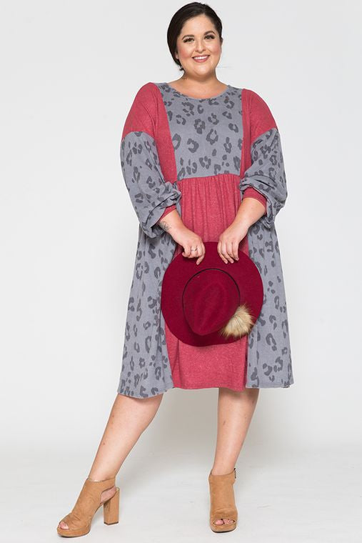 +Special Price+ Leopard Round Neck Long Sleeve Color Blocked Midi Dress