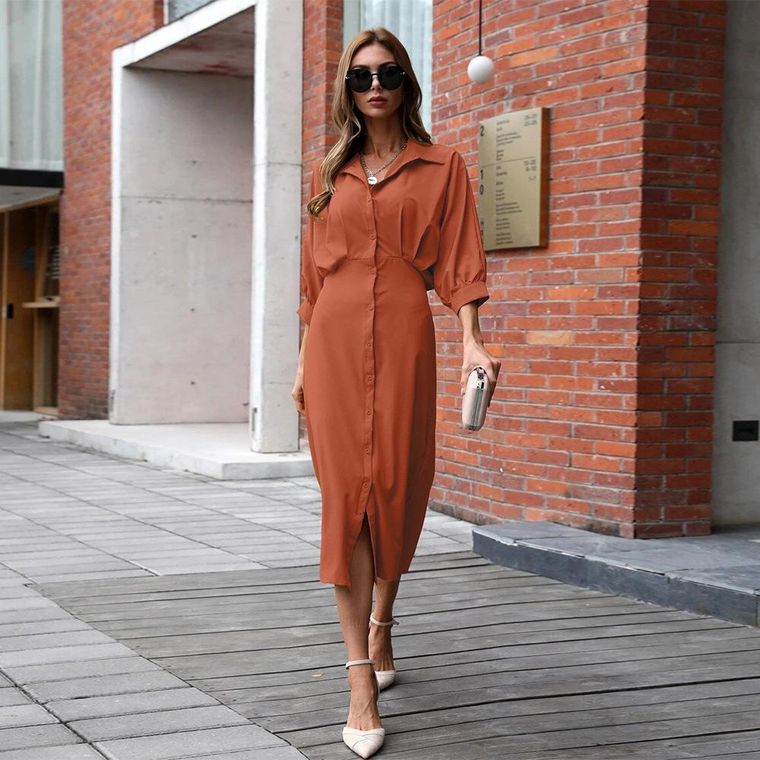 V-neck Solid Color Versatile One Row Button Seven Sleeve Dress