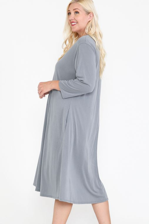 Plus Size V Neck Hidden Pocket Swing Midi Dress