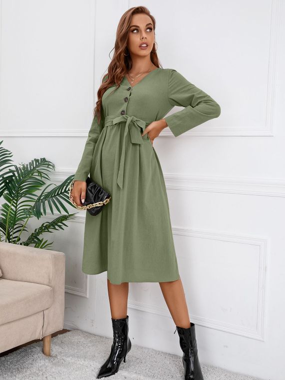 Solid Color Belted Dress