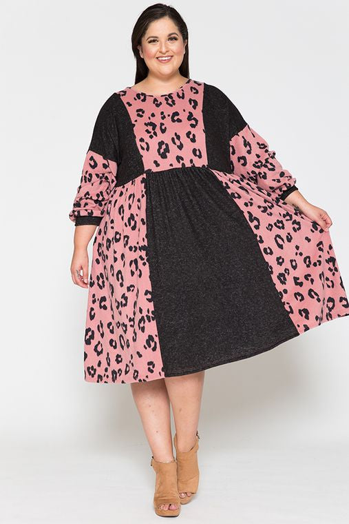 +Special Price+ Leopard Round Neck Long Sleeve Color Blocked Midi Dress