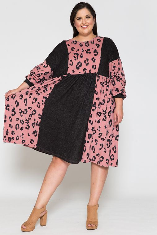 +Special Price+ Leopard Round Neck Long Sleeve Color Blocked Midi Dress