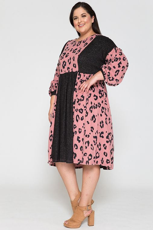 +Special Price+ Leopard Round Neck Long Sleeve Color Blocked Midi Dress