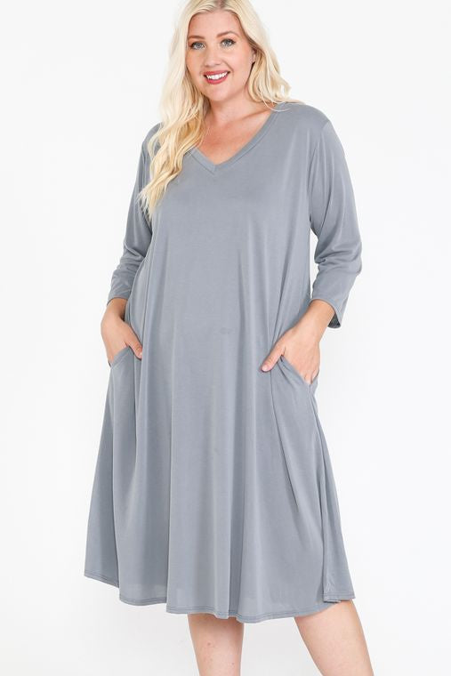 Plus Size V Neck Hidden Pocket Swing Midi Dress