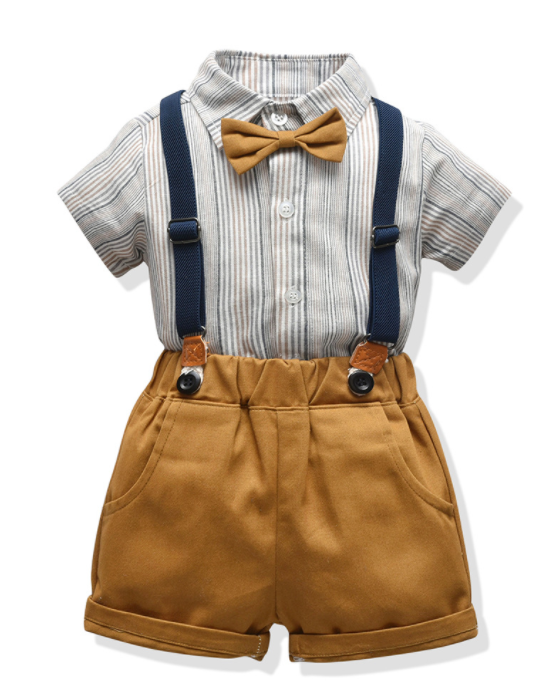 Handsome Boy Short Sleeve Striped Bib 2PC/Set Children's Wear