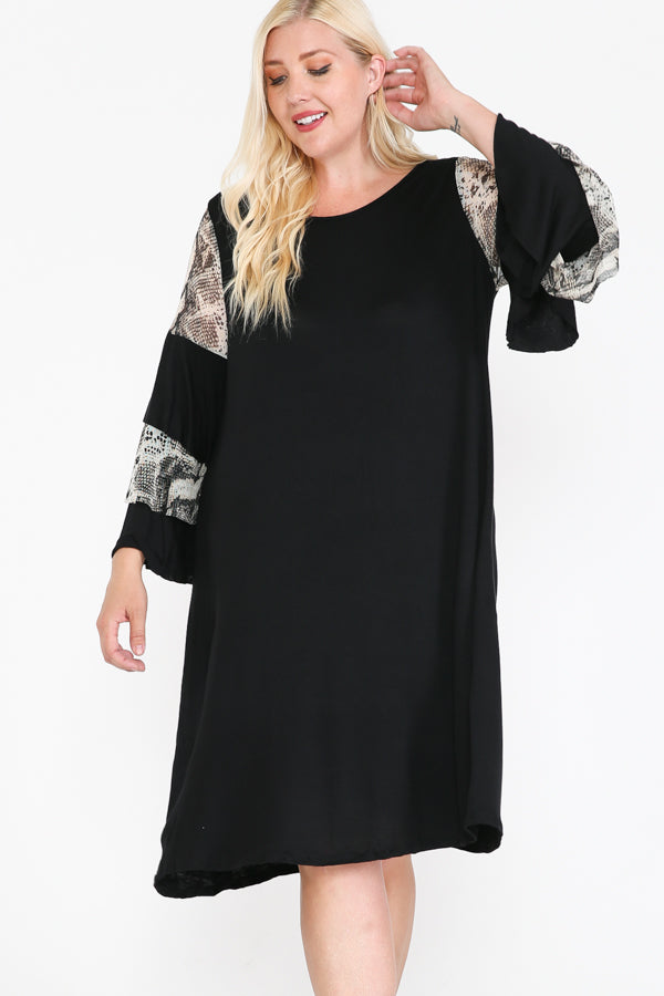 Round Neck Mixed Ruffle Sleeve Round Hem Midi Dress ( 3X-4X-5X-6X )