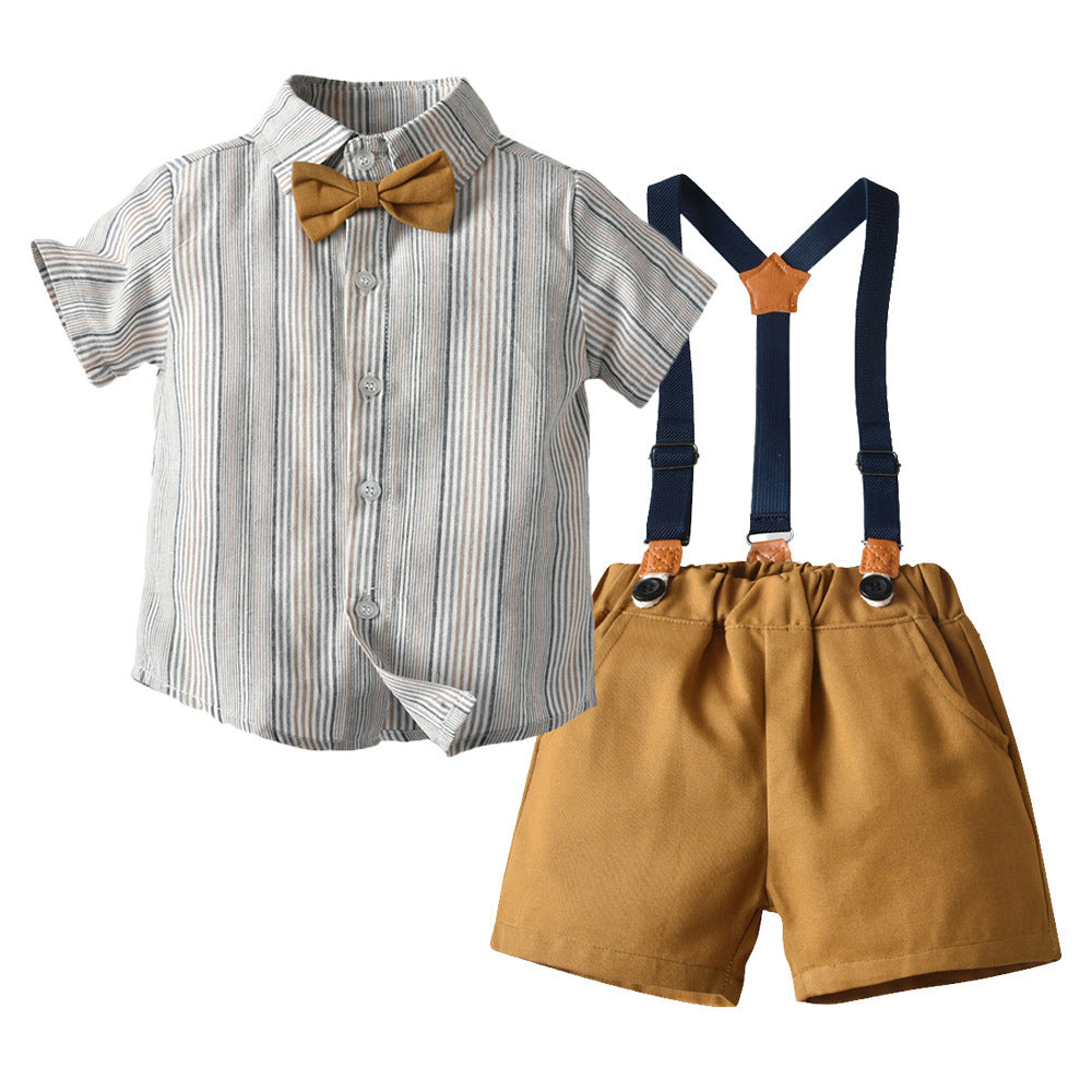 Handsome Boy Short Sleeve Striped Bib 2PC/Set Children's Wear