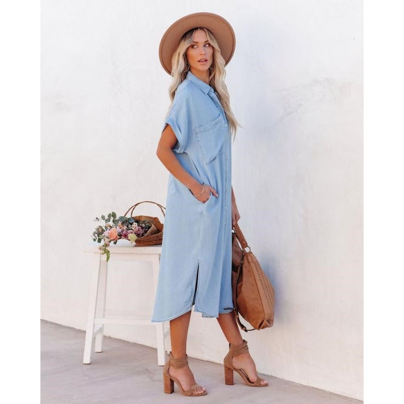 Short Sleeve Loose Panel Slit Shirt Dress