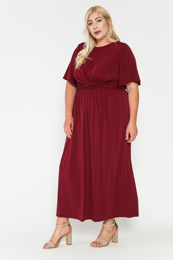 Plus Size Solid Front Knot Waist Ruched Maxi Dress