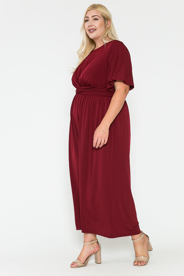 Plus Size Solid Front Knot Waist Ruched Maxi Dress