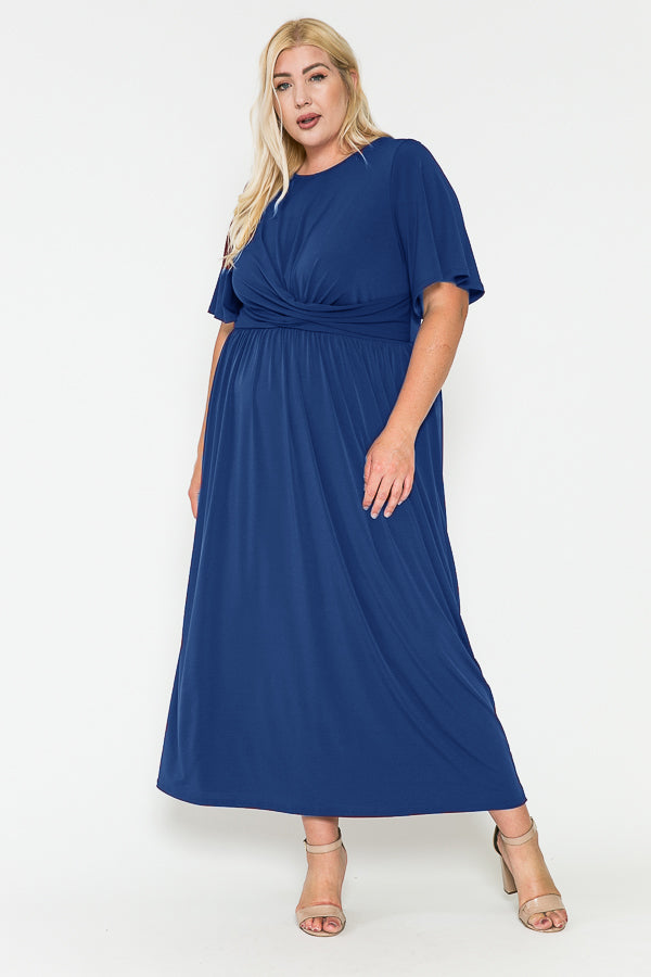 Plus Size Solid Front Knot Waist Ruched Maxi Dress