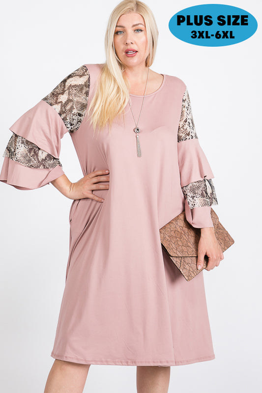 Round Neck Mixed Ruffle Sleeve Round Hem Midi Dress ( 3X-4X-5X-6X )