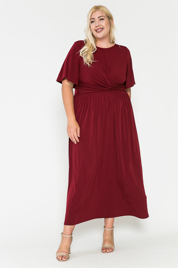 Plus Size Solid Front Knot Waist Ruched Maxi Dress