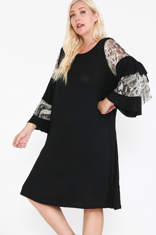 Round Neck Mixed Ruffle Sleeve Round Hem Midi Dress ( 3X-4X-5X-6X )